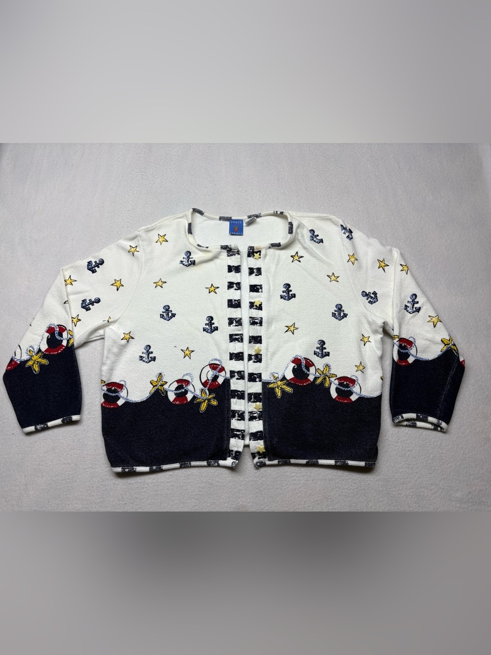 Onque Casuals Sweater Womens Large Novelty Sailing Ocean Beach Art Button